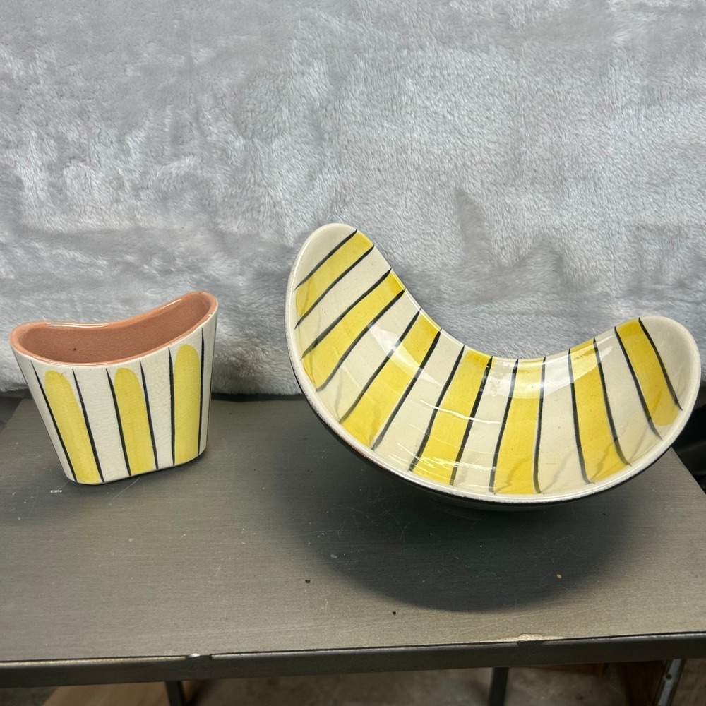 Vintage Pottery Bowl Set West German Yellow Black Stripe‎ Mid Century Decor